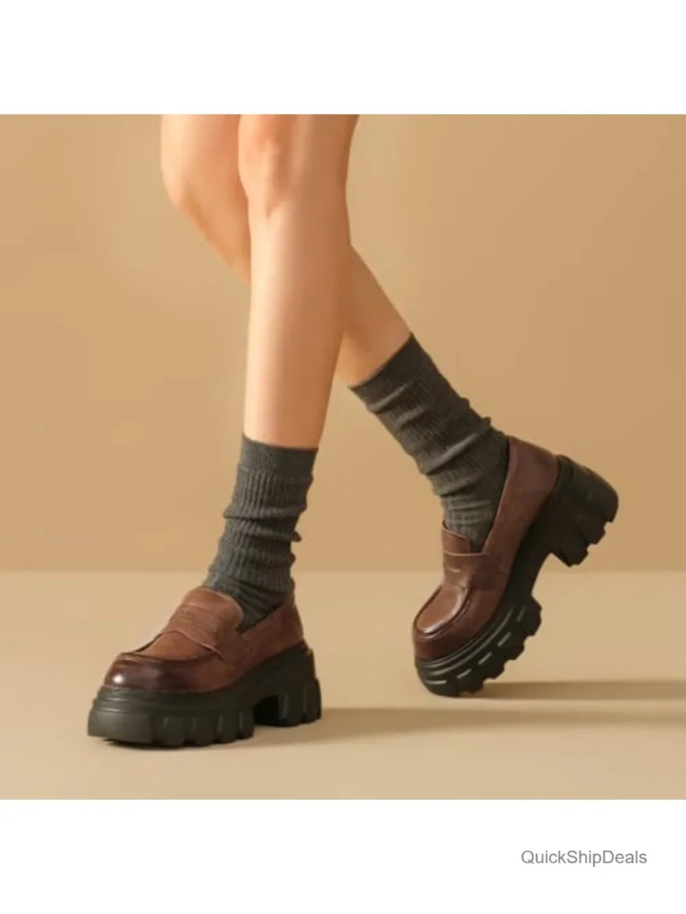 Women's Leather Chunky Platform Loafers Dressy Anti-Slip